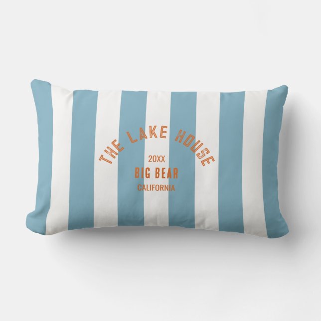 Das Orangefarbene Wappen Blue Nautical Strip Kissen Für Draußen (Vorderseite)