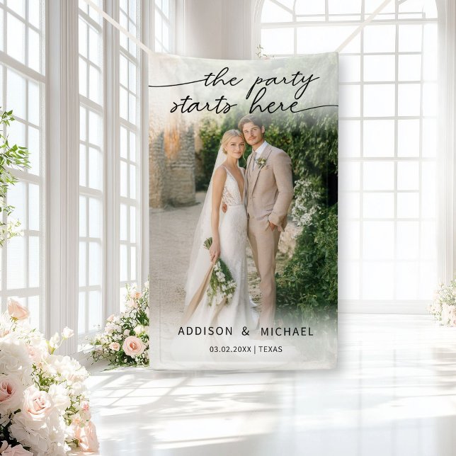DAS PARTY BEGINNT HIER! Foto Wedding Banner (THE PARTY STARTS HERE! Photo Wedding Banner, with a soft white overlay. Edit with your photo, names )