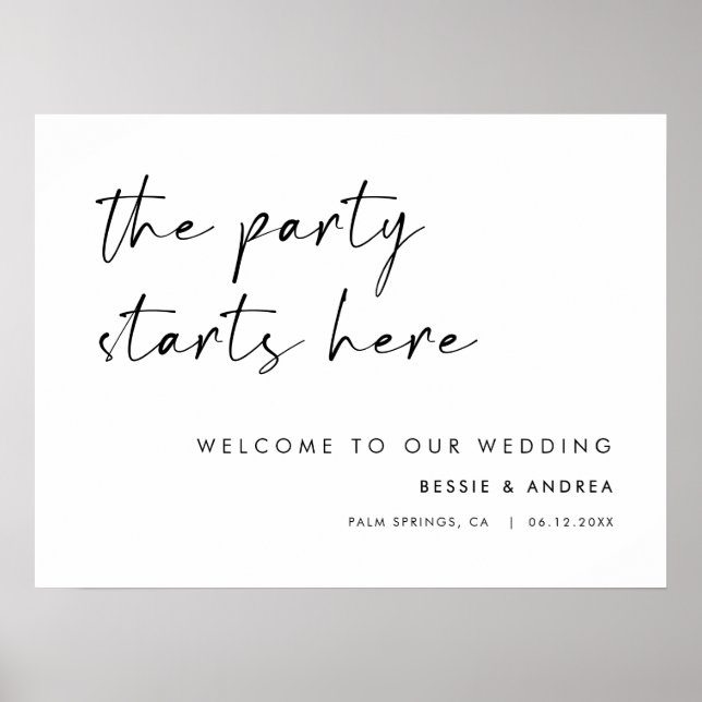 Das Party beginnt hier mit einem modernen Hochzeit Poster (Vorne)