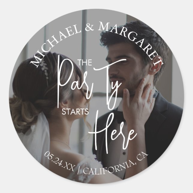 Das Party beginnt hier Probe Dinner Foto Runder Aufkleber (Vorderseite)