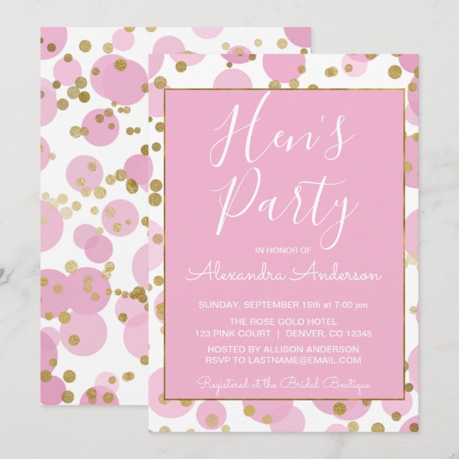Das Party von Confetti Hen ist rosa und goldfarben Einladung (Vorne/Hinten)