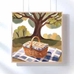 Das Picnic   Blau Weiß Streifen Watercolor Poster