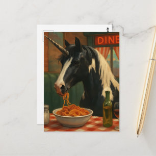 Das Pinto-Einhorn in einem Diner, das Spaghetti is Postkarte