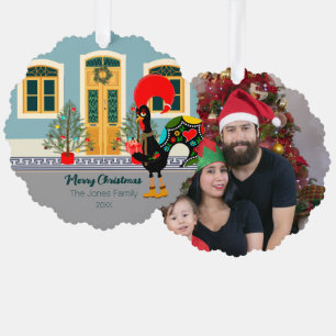 Das portugiesische Rooster mit einem Weihnachtsges Ornament Karte