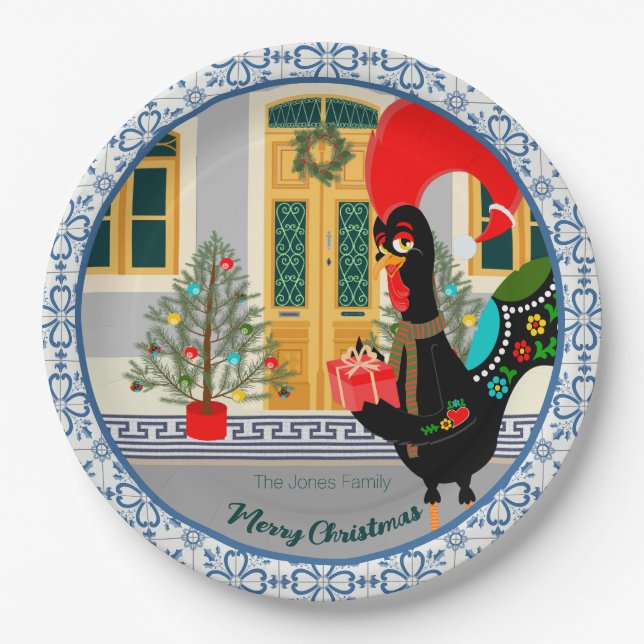 Das portugiesische Rooster mit einem Weihnachtsges Pappteller (Vorderseite)