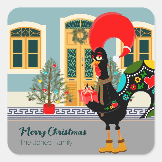Das portugiesische Rooster mit einem Weihnachtsges Quadratischer Aufkleber (Vorderseite)