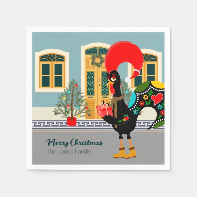 Das portugiesische Rooster mit einem Weihnachtsges Serviette (Vorderseite)