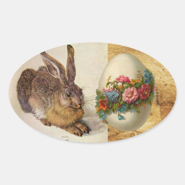DAS RABBIT (JUGENDLICHE Hase) OSTEREIER MIT BLUME Ovaler Aufkleber (Vorderseite)