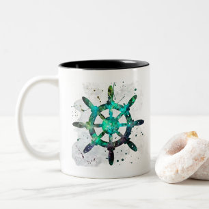 Das Rad des Kapitäns in den Farben des blauen grün Zweifarbige Tasse
