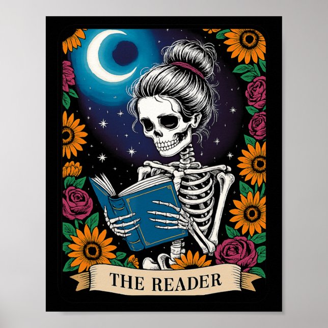 Das Reader Tarot Card Funny Book Lover Skeletts Re Poster (Vorne)