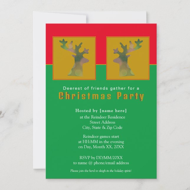 Das Red Green Gold Weihnachtsfest-Party der Reinde Einladung (Vorderseite)