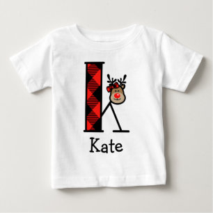 Das Ren-Weihnachtskarierte Rüsche-T-Shirtinitiale Baby T-shirt