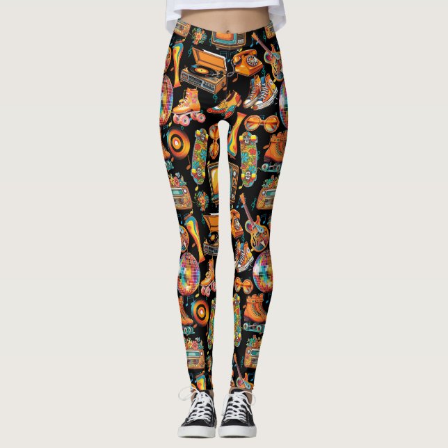 Das Retro-Beat-Muster 4 Schwarzes BG Leggings (Vorderseite)