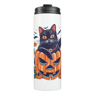 Das Retro Black Cat Halloween Kürbiskostüm Thermosbecher