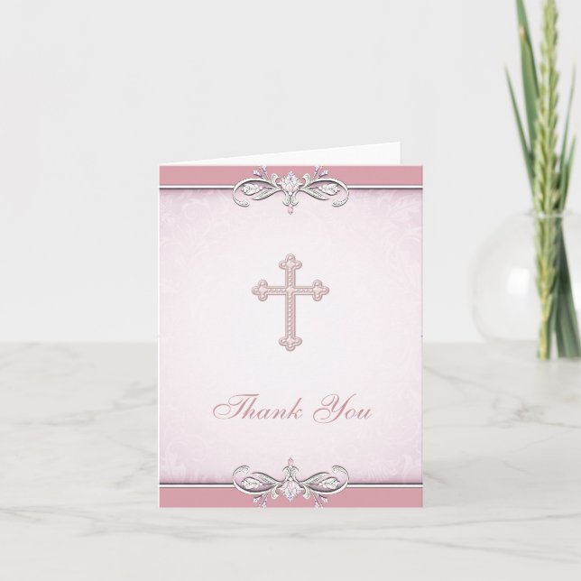Das rosa christliche Rosen-Damast-Kreuz danken Dankeskarte (Vorderseite)