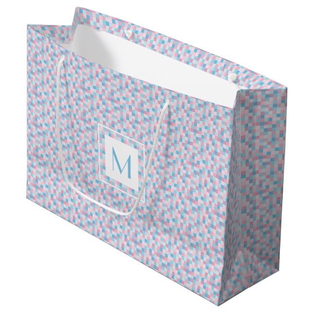 Das rosa Monogramm und das Blau quadriert große Große Geschenktüte (Vorderseite Schrägansicht)