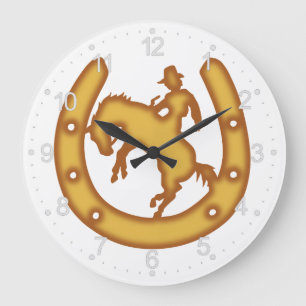Das Schild mit Cowboy und Hufeisen Große Wanduhr