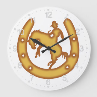 Das Schild mit Cowboy und Hufeisen Große Wanduhr