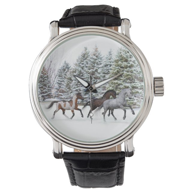 Das Schnee durchqueren - Laufende Pferde Artwork Armbanduhr (Vorderseite)