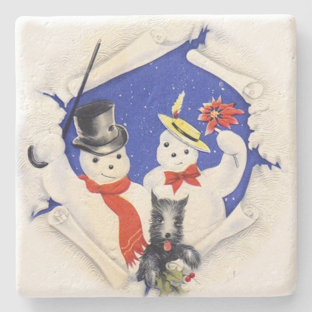 Das Schnee-Familien-und Hundeweihnachten Steinuntersetzer (Vorderseite)