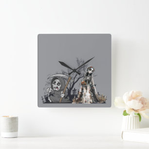 Das Skelett und die Corpse Bride. Quadratische Wanduhr