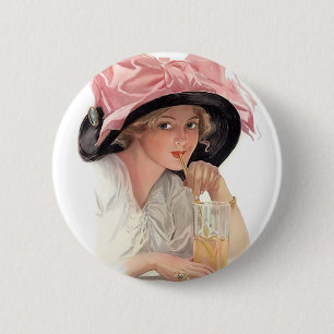 Das Soda-Mädchen in einem Hut Button