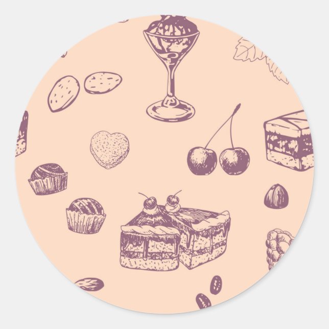Das süße Muster mit verschiedenen Desserts. Runder Aufkleber (Vorderseite)