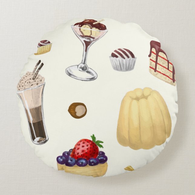 Das süße Muster mit verschiedenen Desserts. Rundes Kissen (Vorderseite)