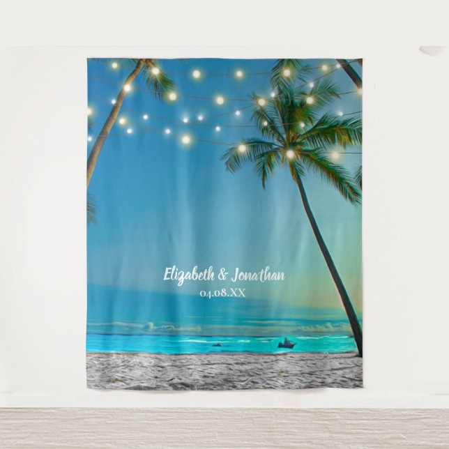 Das Tropical Beach Palm Wedding Foto Stand Wandteppich (Vorderseite)