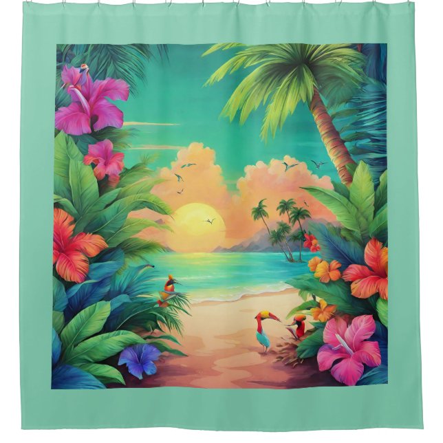 Das Tropical Beach Sunset mit Hibiskus-Blume Duschvorhang (Vorderseite)