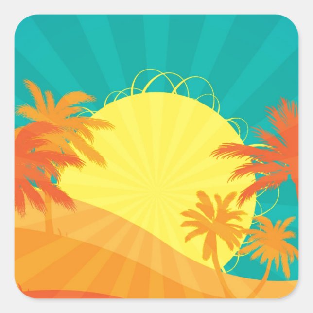 Das tropische Retro-Design des Sunset Beach Quadratischer Aufkleber (Vorderseite)