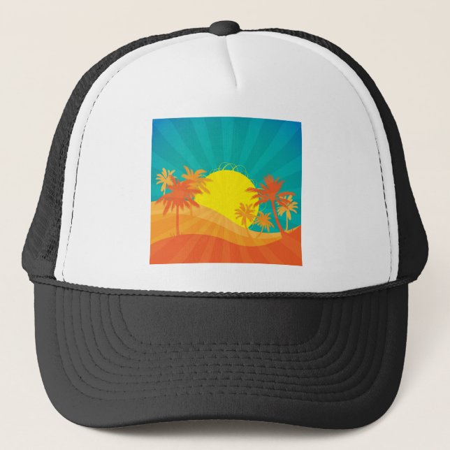 Das tropische Retro-Design des Sunset Beach Truckerkappe (Vorderseite)