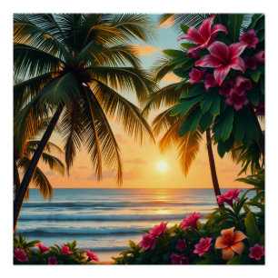 Das tropische Sonnenuntergang mit Palmen Poster