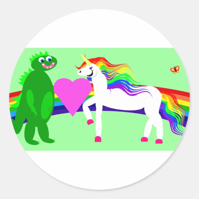 Das Unicorn sieht den Dinosaurier Runder Aufkleber (Vorderseite)