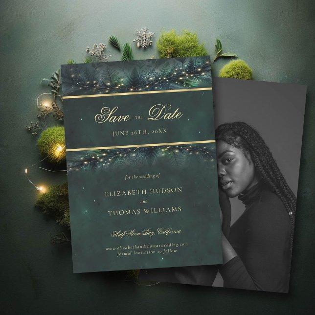 Das verzauberte Waldgoldene Foto Hochzeit speicher Einladung (wedding save the date enchanted forest fairytale magical fairy lights gold calligraphy)