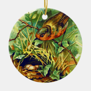 Das Vintage-Illustration Nest der Robin Keramik Ornament