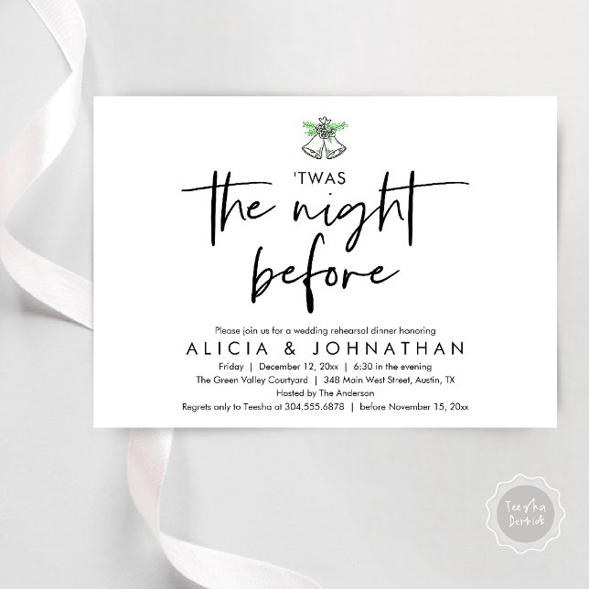 Das war die Nacht davor, Hochzeit Probe Dinner Einladung (Twas The Night Before Wedding Rehearsal Dinner Party Invites Card mistletoe wedding bell black white)