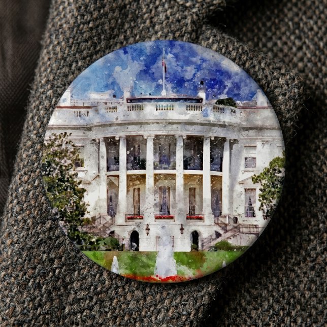 Das Weiße Haus in Washington DC in Watercolor Button (The White House in Washington DC – Southern Facade. Button)