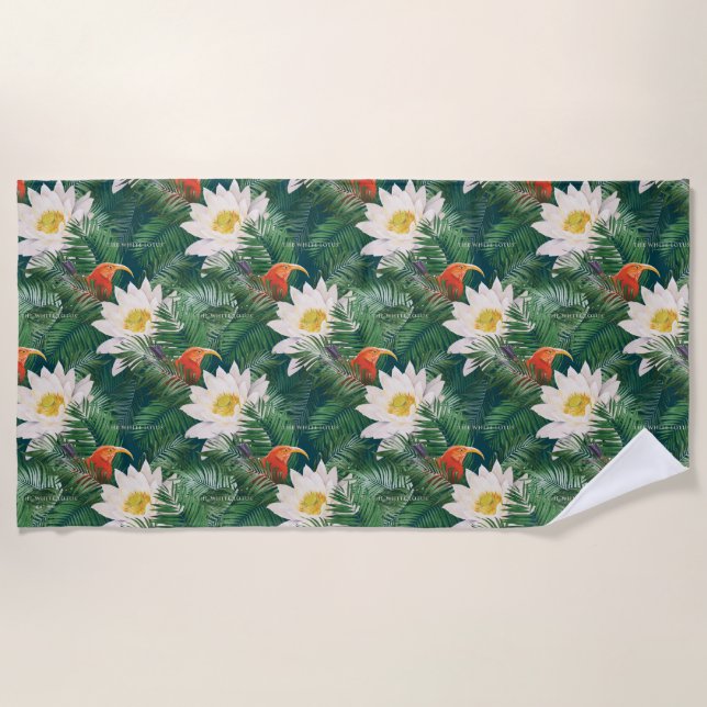 Das weiße Lotus tropische Vögel & Lotus Muster Strandtuch (Vorderseite)