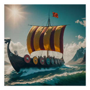 Das Wikinger-Langschiff schneidet durch die Wellen Poster