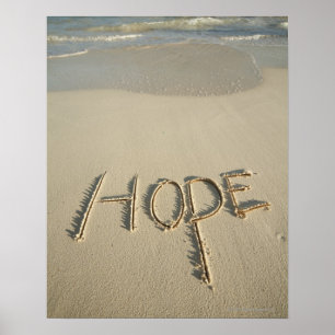 Das Wort "Hope" Sand am Strand mit Poster