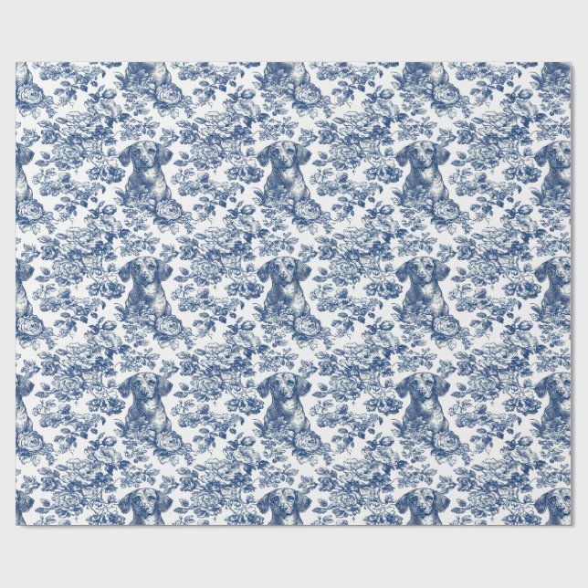 Daschund Dog Blue Toile Pattern Geschenkpapier (Flach)