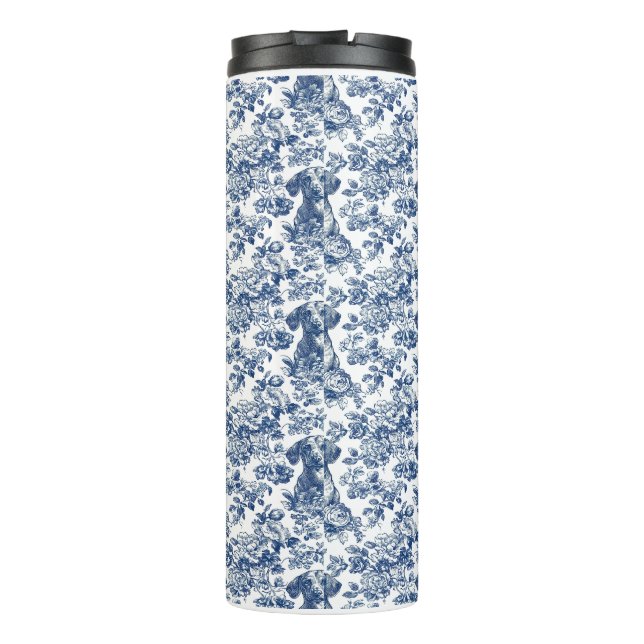 Daschund Dog Blue Toile Pattern Thermosbecher (Rückseite)