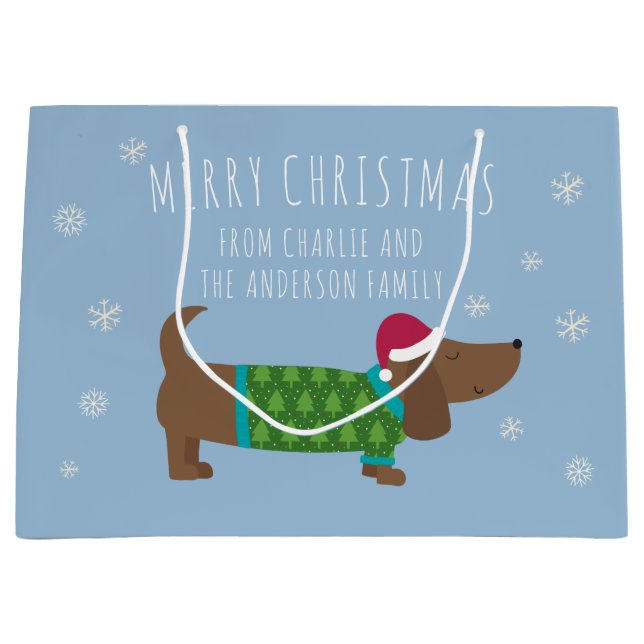 Daschund und Snowflakes Blauer Cartoon Große Geschenktüte (Vorderseite)