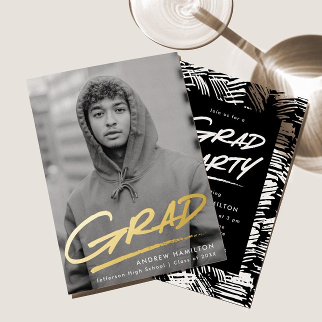 Dashed Grad Foto Graduation Party Gold Folieneinladung (Von Creator hochgeladen)