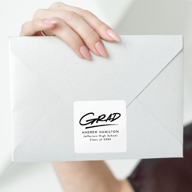 Dashed Modern Grad White und Black Abschluss Quadratischer Aufkleber (Von Creator hochgeladen)