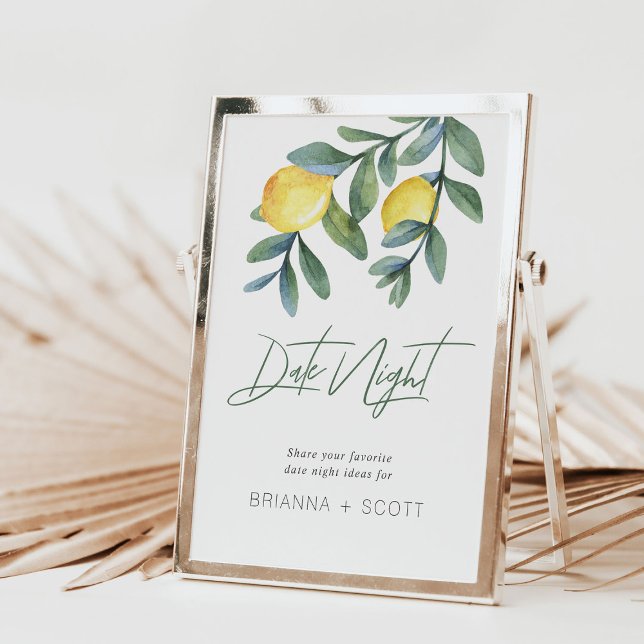 Date Night Ideas Lemon Brautparty Game-Zeichen (Date night lemon bridal shower date night sign shown in gold frame)