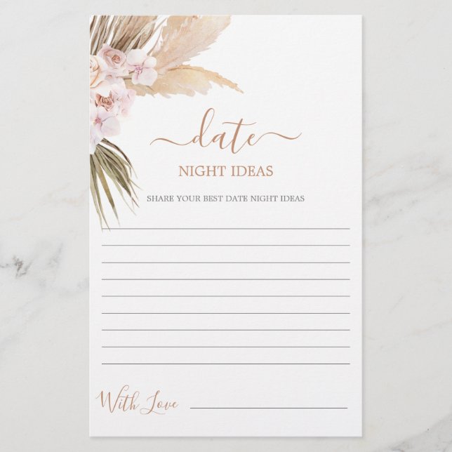 Date Night Ideas Pampas Gras Brautparty Karte (Vorderseite)