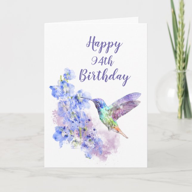 Dated 94. Birthday Hummingbird Bird Delphiniums Karte (Vorderseite)