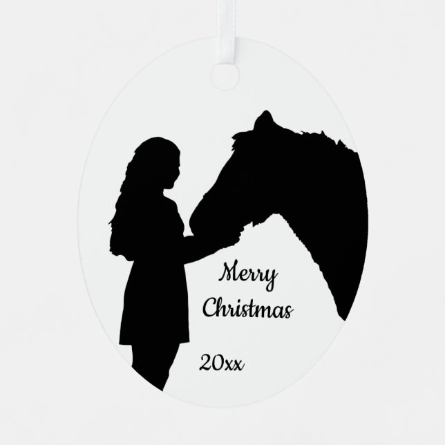 Dated Christmas Girl & Her Horse Love Silhouette  Ornament Aus Metall (Vorderseite)